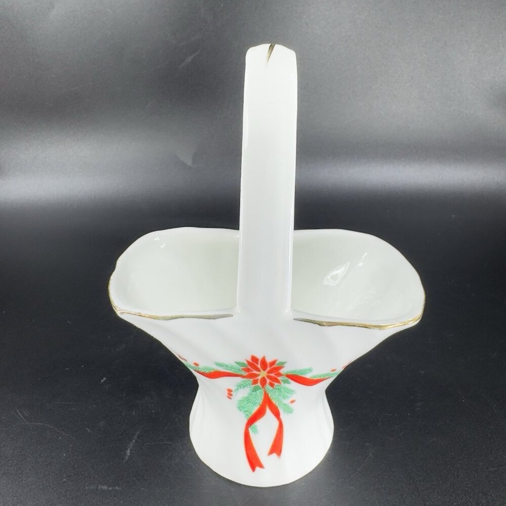 Vintage 1980s Bone China Porcelain‎ Basket Christmas Holiday Flowers Bowl Dish